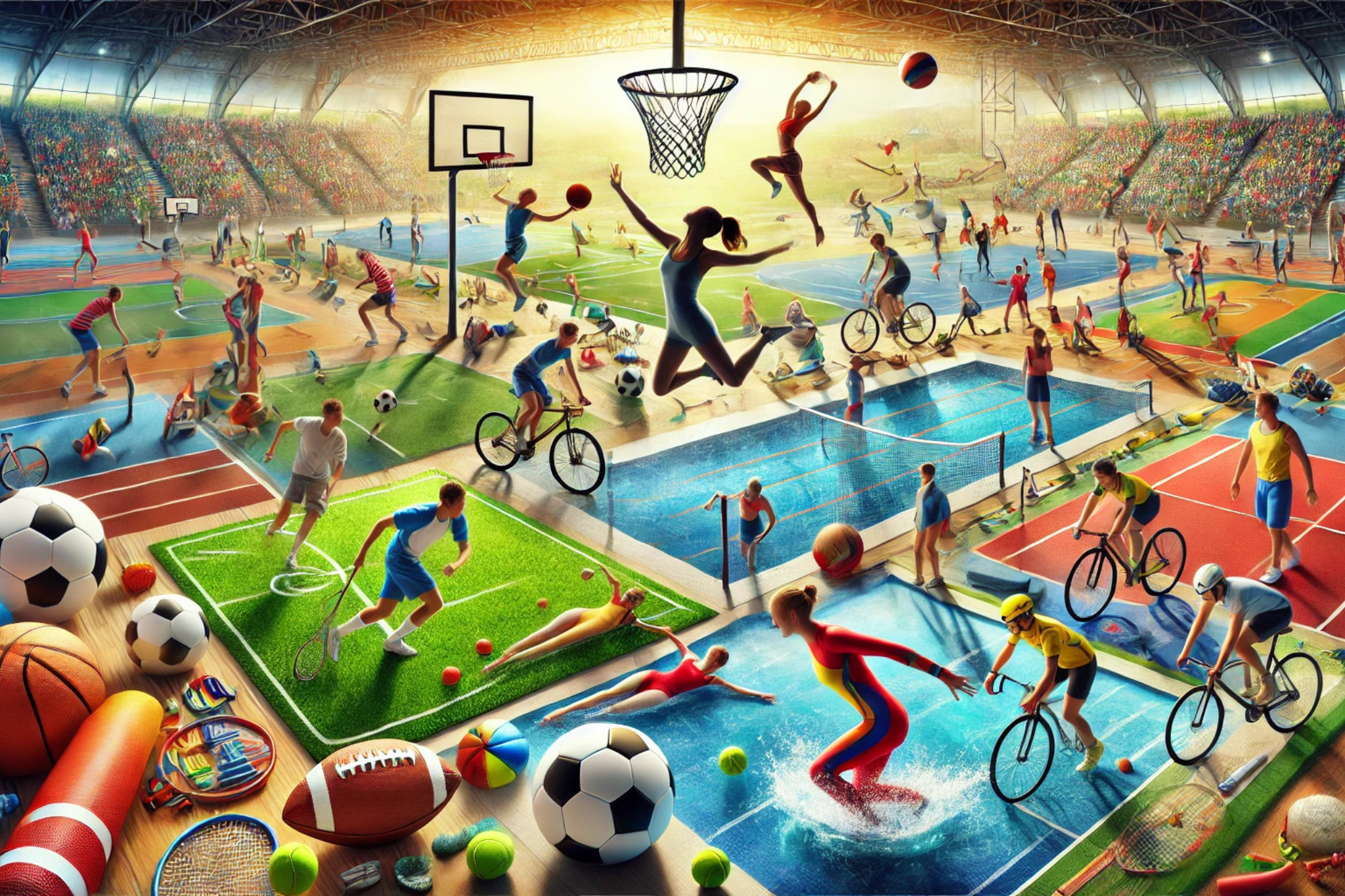 Multi-sport indoor arena filled with diverse people engaged in various activities like basketball, swimming, cycling, and more.